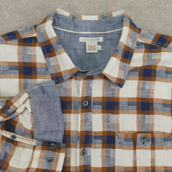 Carbon 2 Cobalt Shirt Mens Large Button Up Brown Blue Plaid Long Sleeve - Picture 1 of 13